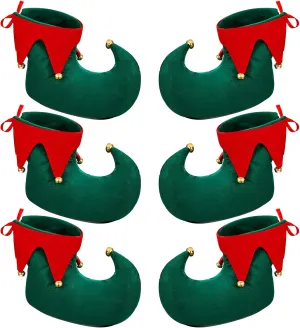 SATINIOR 3 Pairs Christmas Red and Green Elf Costume Shoes Flannel Green Christmas Elf Slippers Bulk with Jingle Bells Halloween Xmas Costume Shoes for Women Men Adults Holiday Cosplay Party