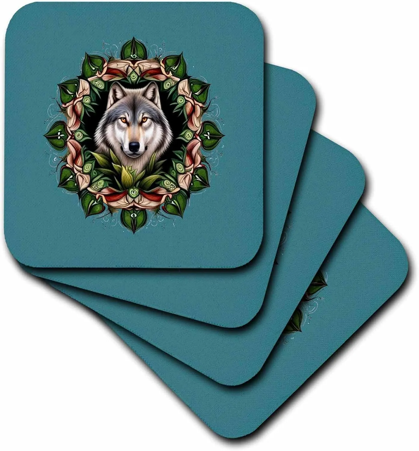 Set of 4 Ceramic Tile Coasters - A Timber Wolf Surrounded by Ladys Slipper Minnesota State Tattoo Art Vector Art - Minnesota Mammal Flower