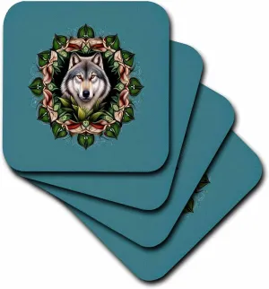 Set of 4 Ceramic Tile Coasters - A Timber Wolf Surrounded by Ladys Slipper Minnesota State Tattoo Art Vector Art - Minnesota Mammal Flower