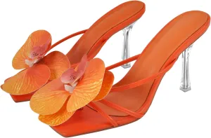 sexytag Clear Kitten Heels Floral Print Thong Sandals Slip On Flower Stiletto Heels Open Toe Mules