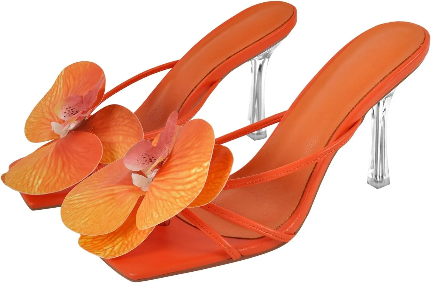 sexytag Clear Kitten Heels Floral Print Thong Sandals Slip On Flower Stiletto Heels Open Toe Mules