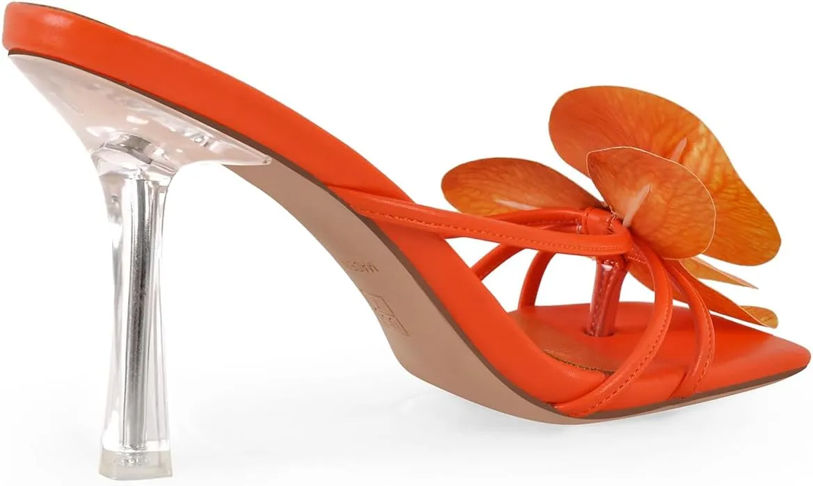 sexytag Clear Kitten Heels Floral Print Thong Sandals Slip On Flower Stiletto Heels Open Toe Mules