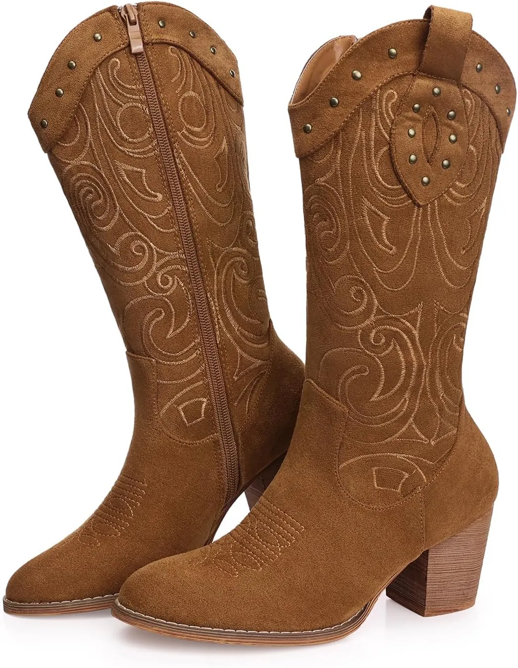 SHIBEVER Cowboy Cowgirl Boots for Women: Wide Calf Western Pointed Toe Chunky Heel Suede Embroidered Mid Calf Boot