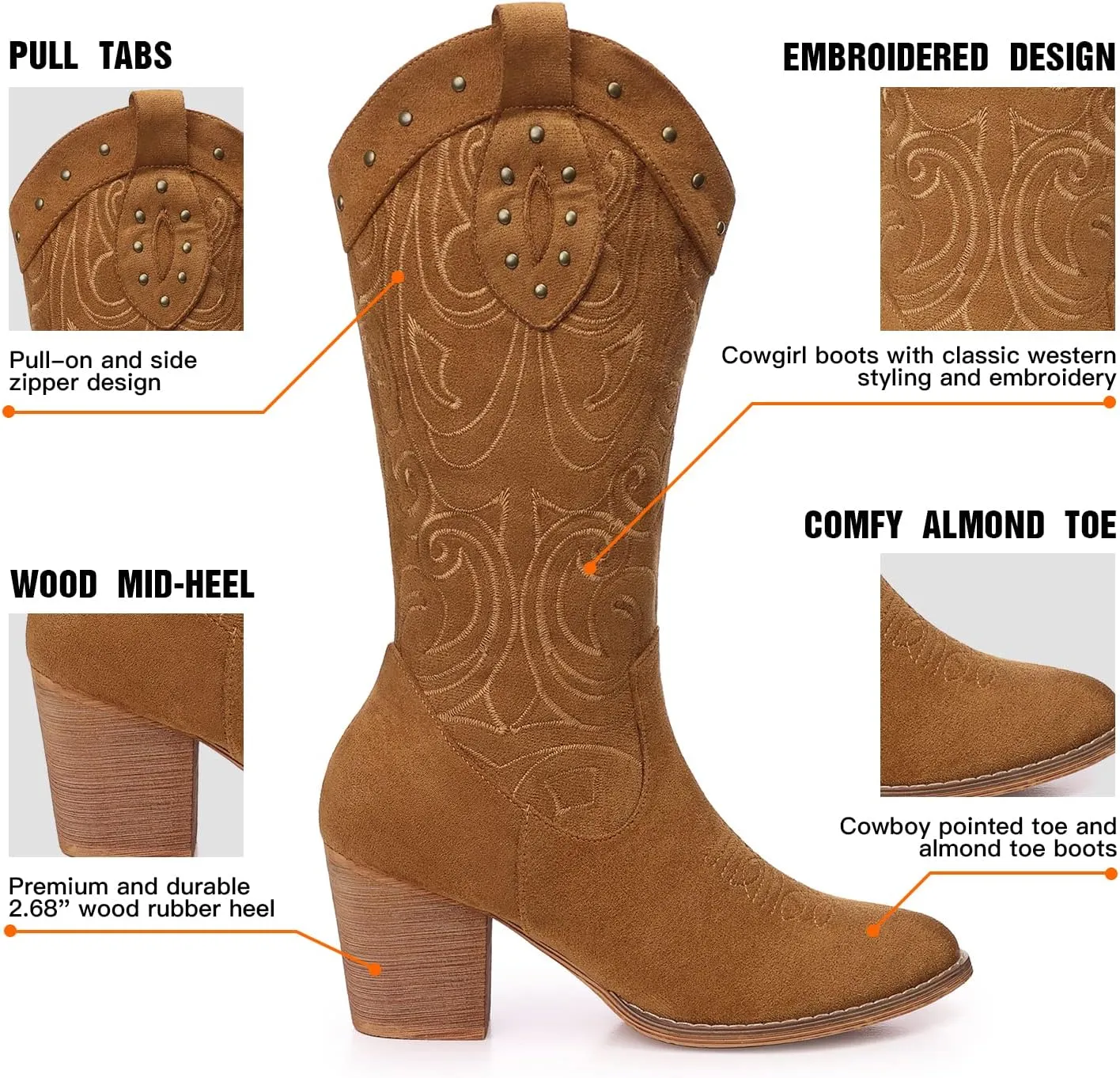 SHIBEVER Cowboy Cowgirl Boots for Women: Wide Calf Western Pointed Toe Chunky Heel Suede Embroidered Mid Calf Boot