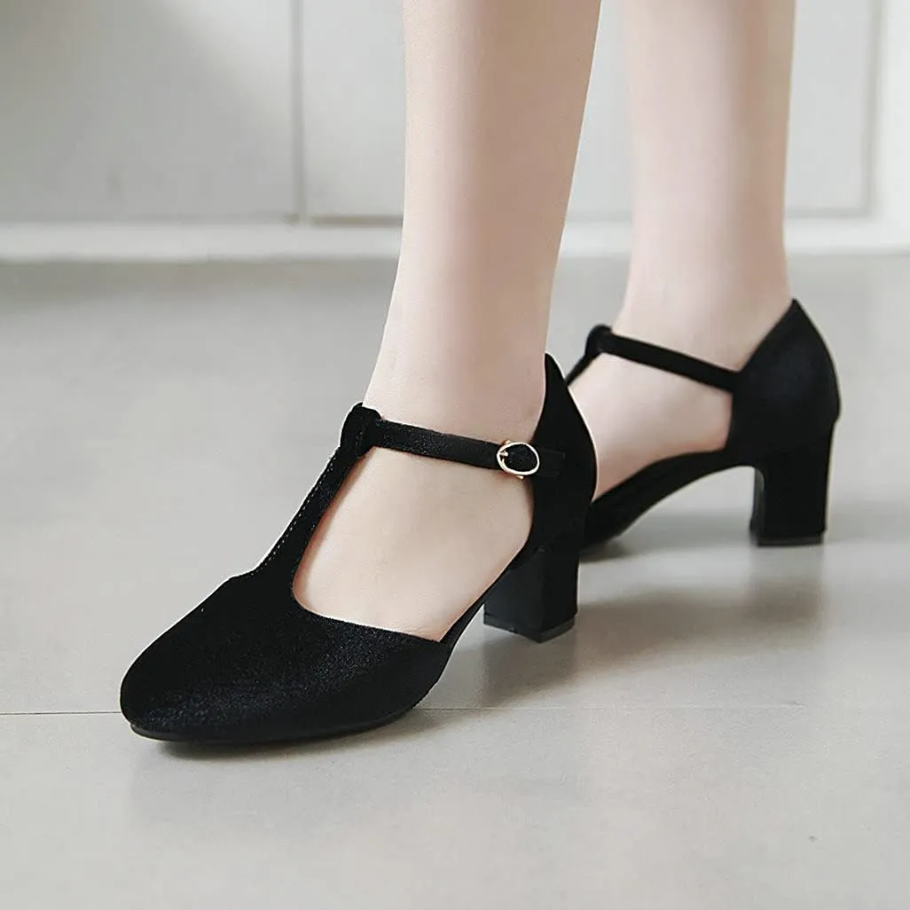 Shinelly Women Retro T-Strap Pumps Classic Round Toe Chunky Block Heel Mary Jane