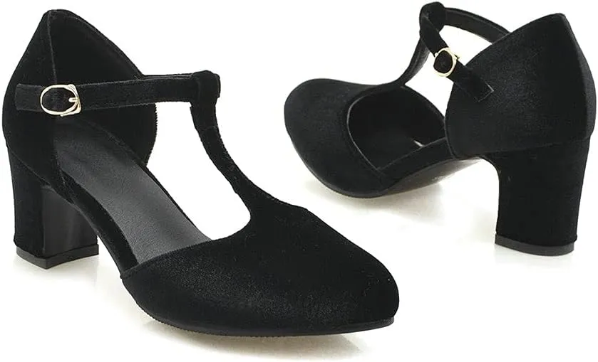 Shinelly Women Retro T-Strap Pumps Classic Round Toe Chunky Block Heel Mary Jane