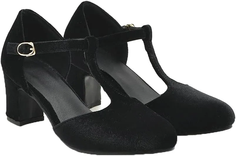 Shinelly Women Retro T-Strap Pumps Classic Round Toe Chunky Block Heel Mary Jane