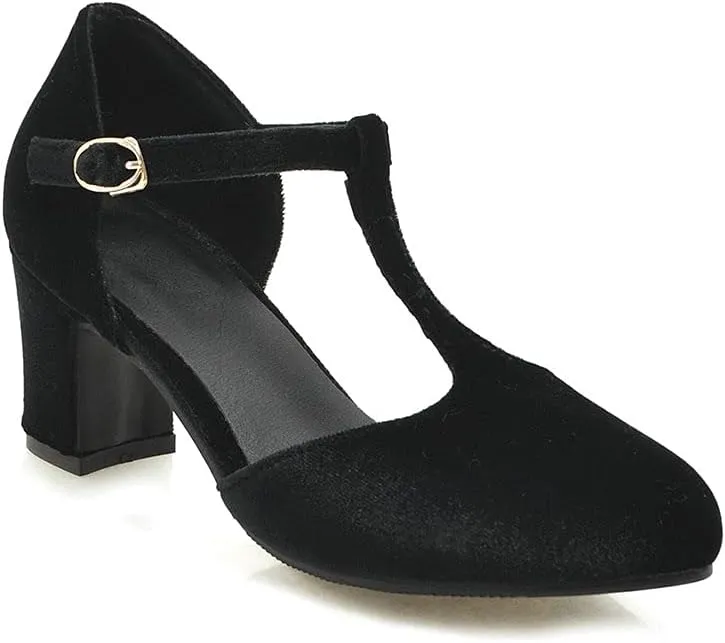 Shinelly Women Retro T-Strap Pumps Classic Round Toe Chunky Block Heel Mary Jane