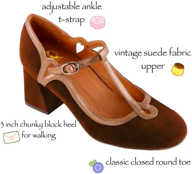 SHODENSE Women Chunky High Heel Mary Jane Shoes Ankle T-strap Round Toe Mary Jane Pumps Suede 3 inch Block Heel Dress Sandals Closed Toe Buckle Retro Wedding Party Office 4-11 M US