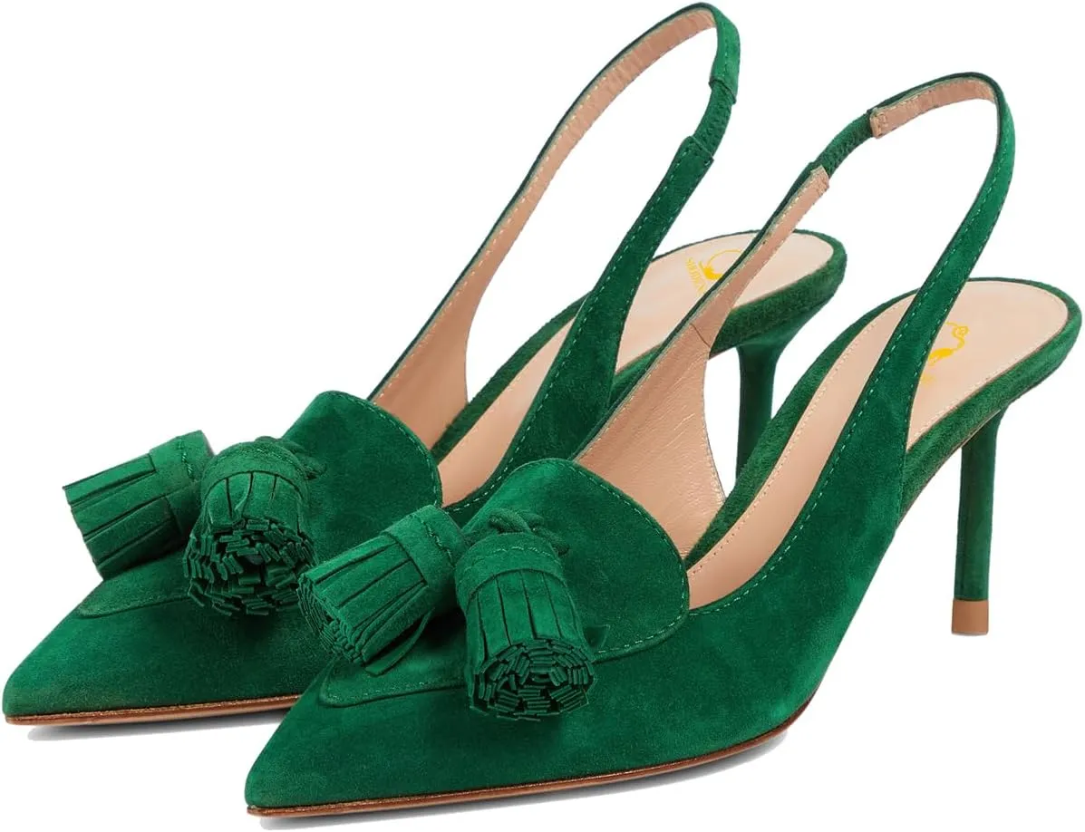 SHODENSE Women Kitten Heel Slingback Pumps Pointed Toe Suede Elastic Ankle Strap Sandals Fringe Closed Pointy Toe High Heels Stiletto Pumps Tassel Backless Dress Shoes Office Ladies Elegant 4-11 M US