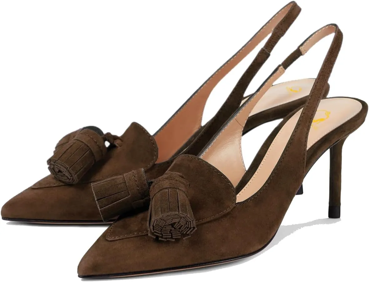 SHODENSE Women Kitten Heel Slingback Pumps Pointed Toe Suede Elastic Ankle Strap Sandals Fringe Closed Pointy Toe High Heels Stiletto Pumps Tassel Backless Dress Shoes Office Ladies Elegant 4-11 M US