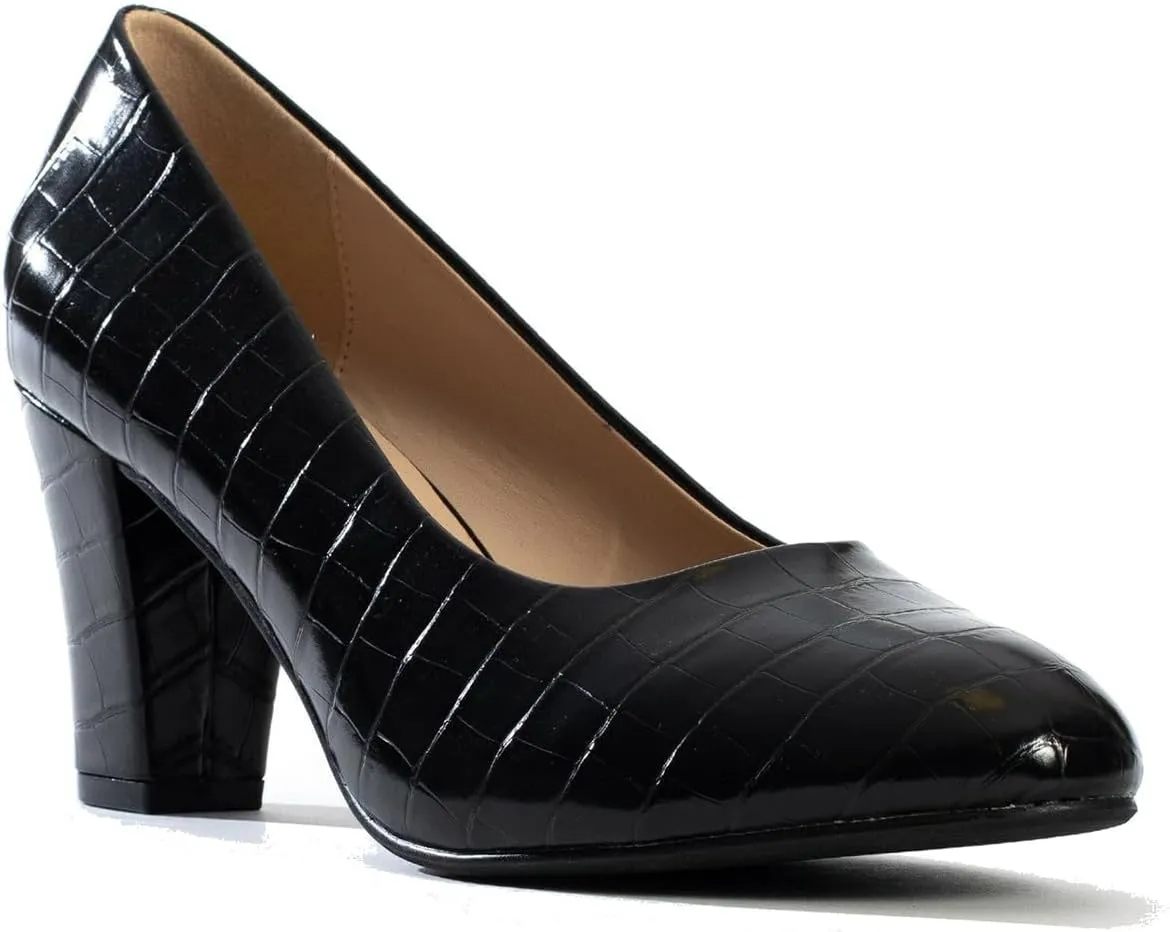 SHODENSE Women Vintage Chunky Kitten Heel Pumps Shoes Round Closed Toe Slip On Dress Sandals High Block Heels Formal Work Shoes Ladies Snakeksin Crocodile Suede Evening Party Shoe Retro 4-11 M US