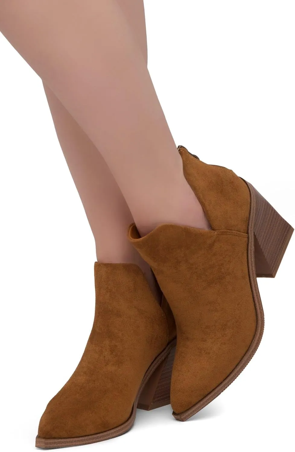 Shoe Land Mingo Women's Ankle Booties Chunky Stack Heels V Cutout Boots Pointed Toe Back Zipper Slip on Shoes