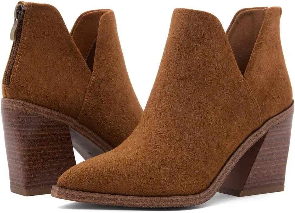 Shoe Land Mingo Women's Ankle Booties Chunky Stack Heels V Cutout Boots Pointed Toe Back Zipper Slip on Shoes