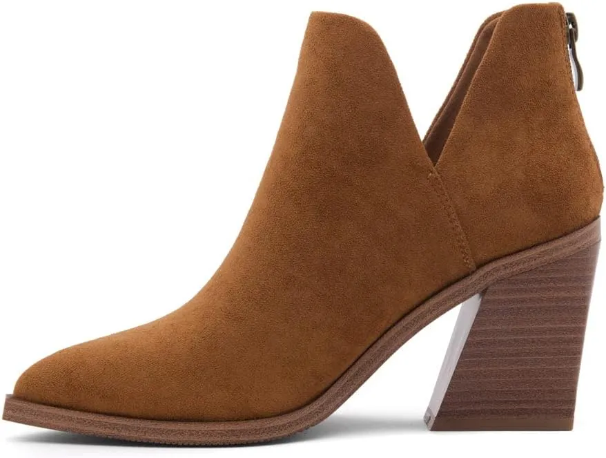 Shoe Land Mingo Women's Ankle Booties Chunky Stack Heels V Cutout Boots Pointed Toe Back Zipper Slip on Shoes