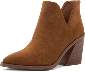 Shoe Land Mingo Women's Ankle Booties Chunky Stack Heels V Cutout Boots Pointed Toe Back Zipper Slip on Shoes
