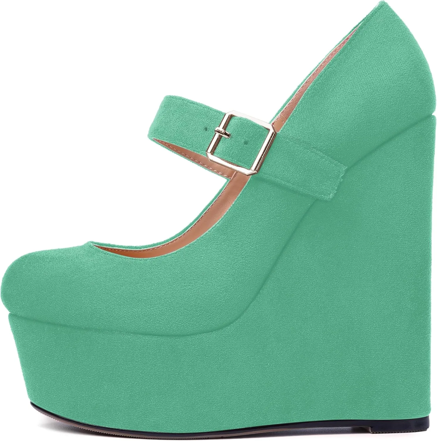 SHOWFOREST Womens Sexy Wedding Platform Suede Buckle Adjustable Strap Solid Round Toe Wedge High Heel Pumps Shoes 6 Inch