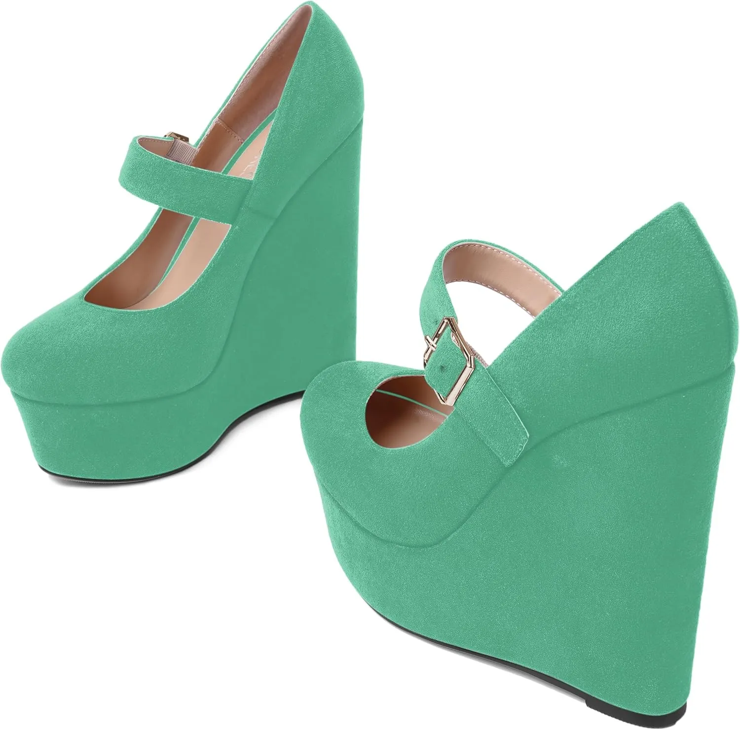 SHOWFOREST Womens Sexy Wedding Platform Suede Buckle Adjustable Strap Solid Round Toe Wedge High Heel Pumps Shoes 6 Inch