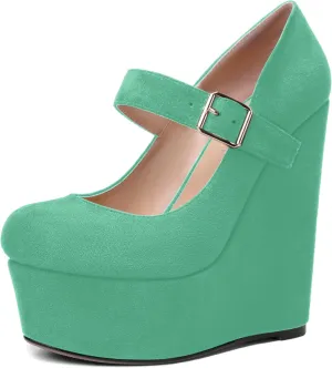 SHOWFOREST Womens Sexy Wedding Platform Suede Buckle Adjustable Strap Solid Round Toe Wedge High Heel Pumps Shoes 6 Inch