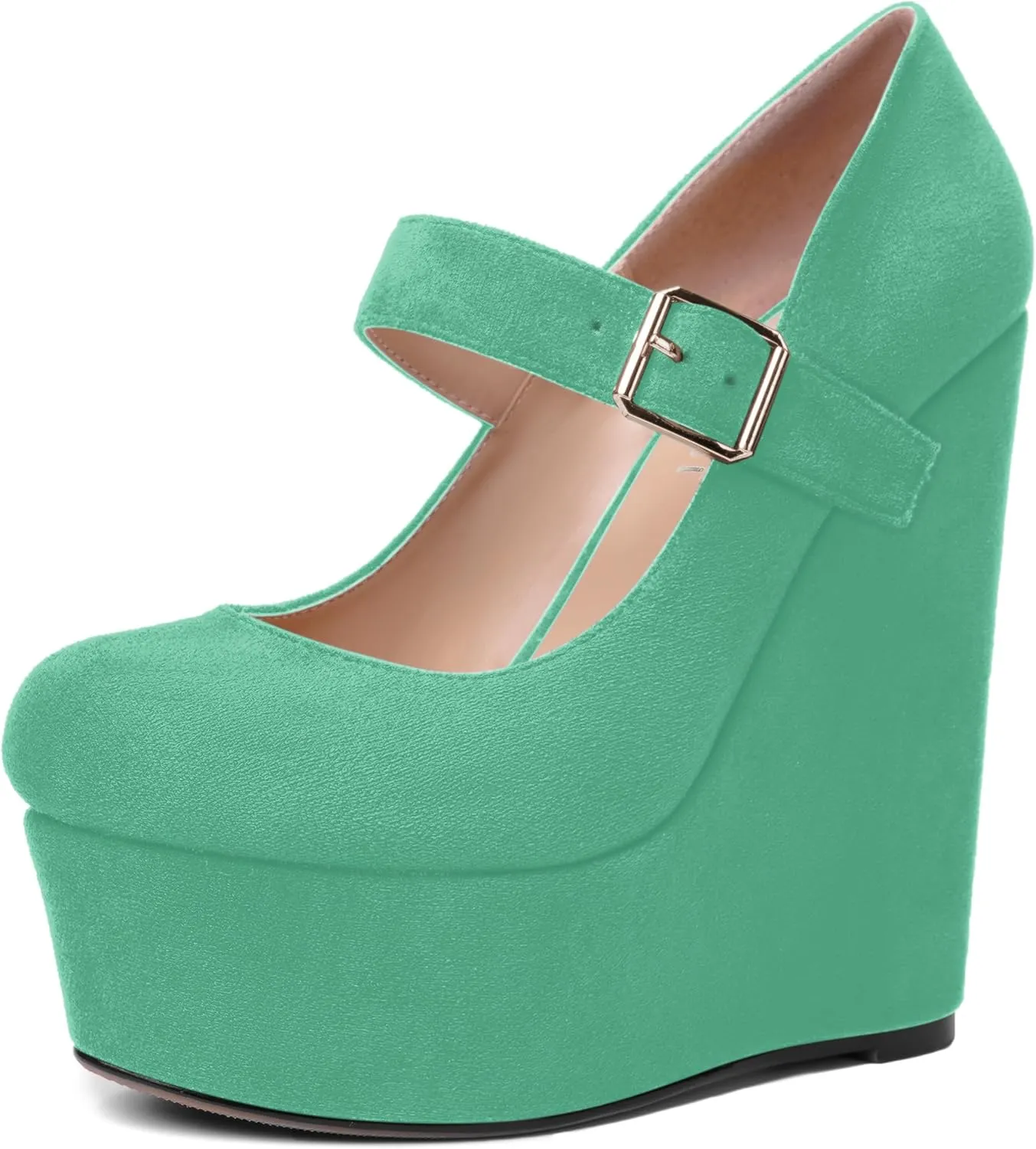 SHOWFOREST Womens Sexy Wedding Platform Suede Buckle Adjustable Strap Solid Round Toe Wedge High Heel Pumps Shoes 6 Inch