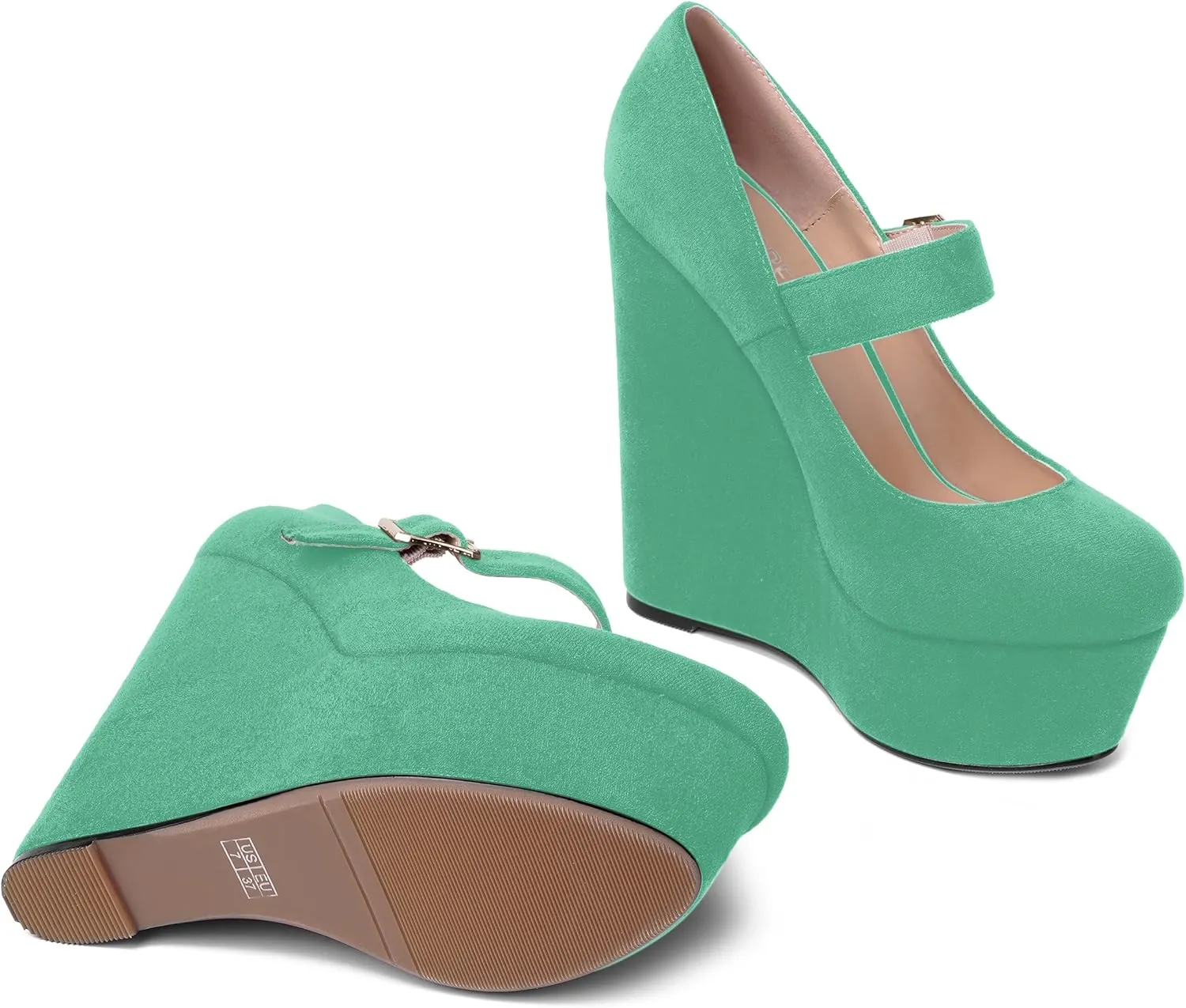 SHOWFOREST Womens Sexy Wedding Platform Suede Buckle Adjustable Strap Solid Round Toe Wedge High Heel Pumps Shoes 6 Inch