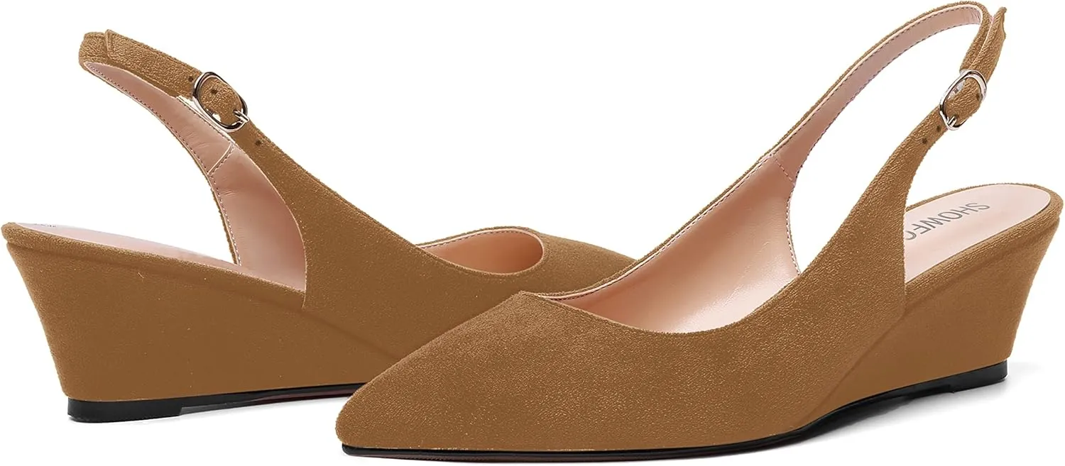 SHOWFOREST Womens Solid Adjustable Strap Suede Dress Buckle Dating Pointed Toe Wedge Low Heel Pumps Shoes 2 Inch