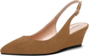 SHOWFOREST Womens Solid Adjustable Strap Suede Dress Buckle Dating Pointed Toe Wedge Low Heel Pumps Shoes 2 Inch