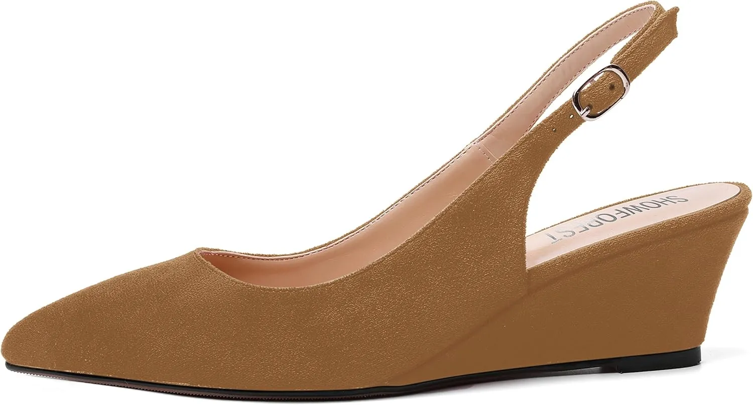 SHOWFOREST Womens Solid Adjustable Strap Suede Dress Buckle Dating Pointed Toe Wedge Low Heel Pumps Shoes 2 Inch