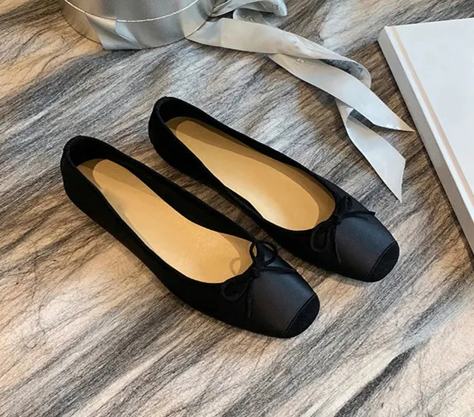 Silk Round Toe Square Heels Bowknot Shoes