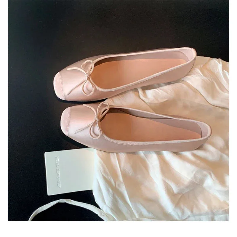 Silk Round Toe Square Heels Bowknot Shoes