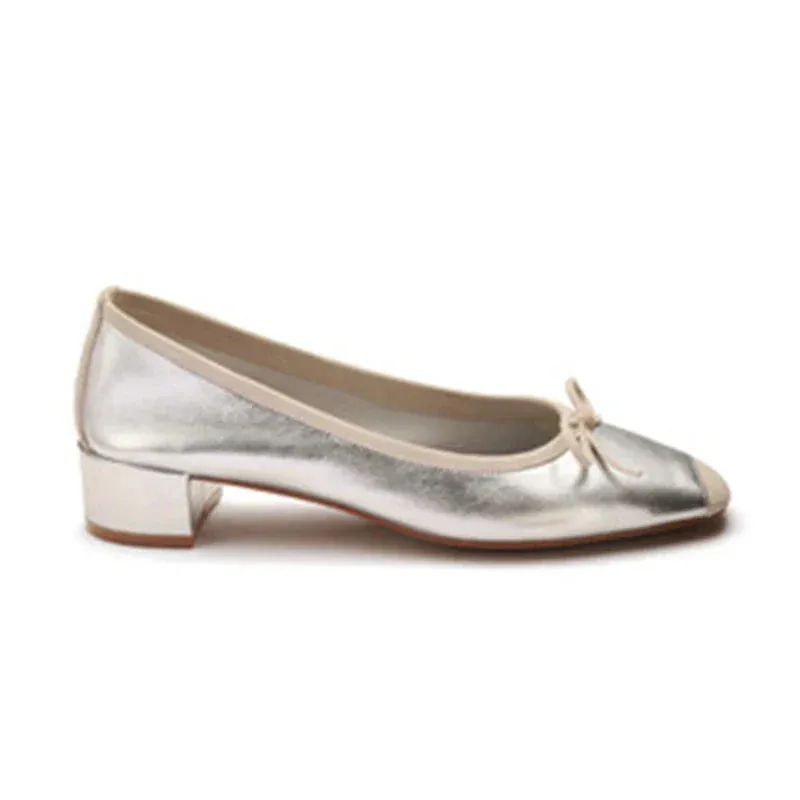Silk Round Toe Square Heels Bowknot Shoes