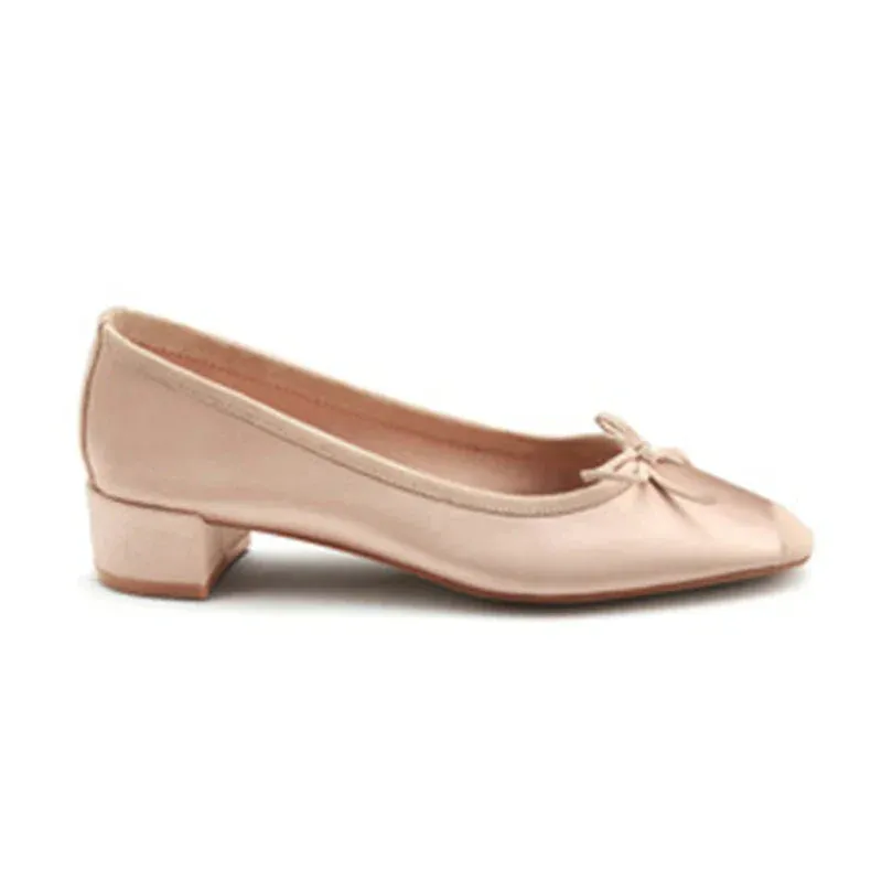 Silk Round Toe Square Heels Bowknot Shoes