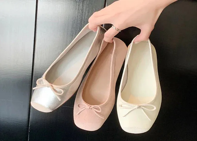 Silk Round Toe Square Heels Bowknot Shoes