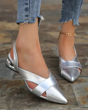 Silver pointed toe chunky low heel sandals
