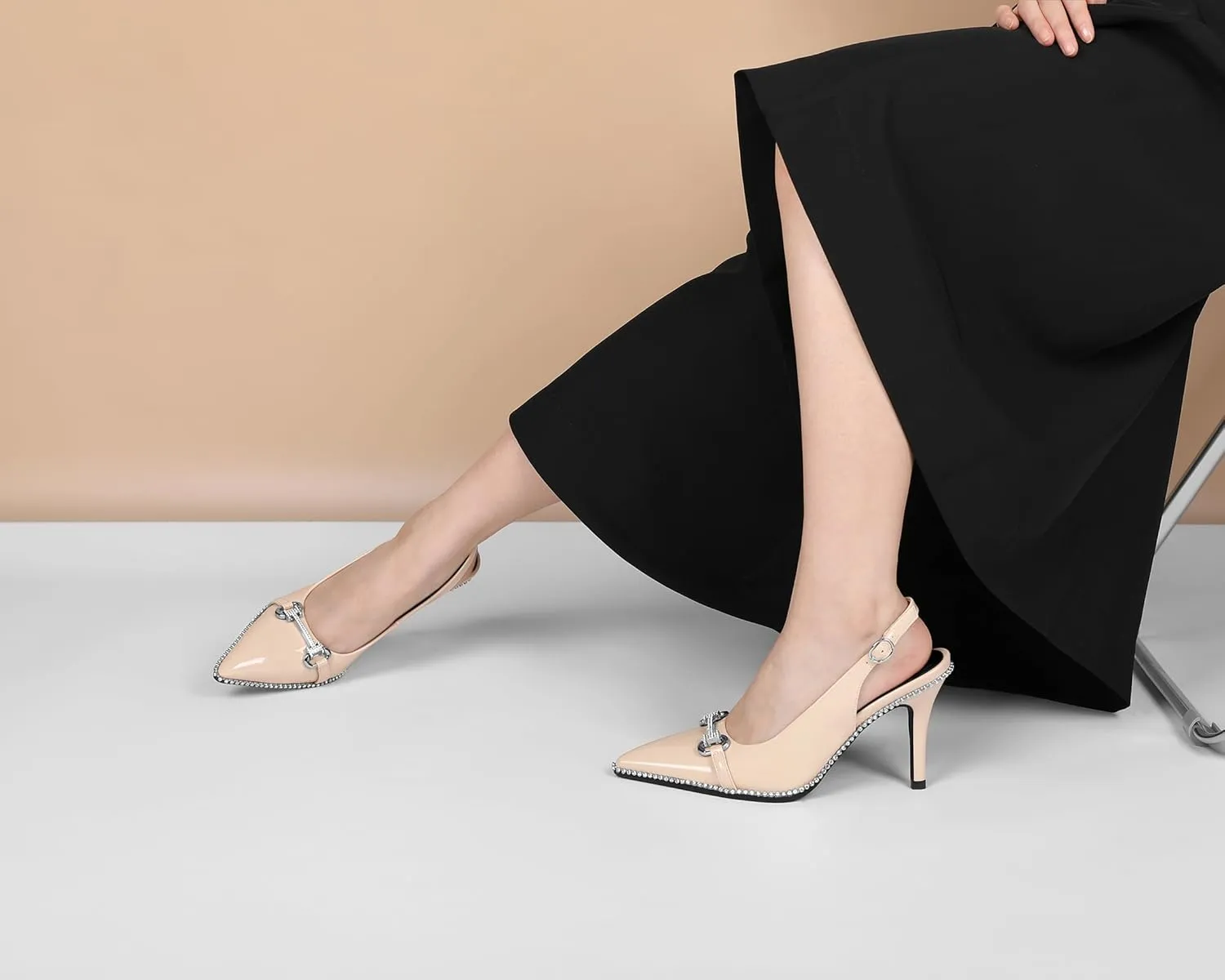 Slingback Heels for Women Stilettos High Heel Crystal-Encrusted Buckled Heels Pointd Toe Pumps 3.5 Inch Comfortable Event Party Dress Shoes