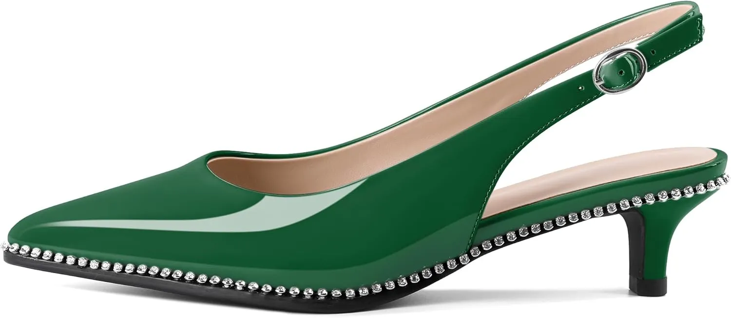 Slingback Low Heels Women Kitten Heel Rhinestones Beaded Pumps Closed Pointd Toe Shoes Slip On Event Party 1.5 Inch Dressy Sandals