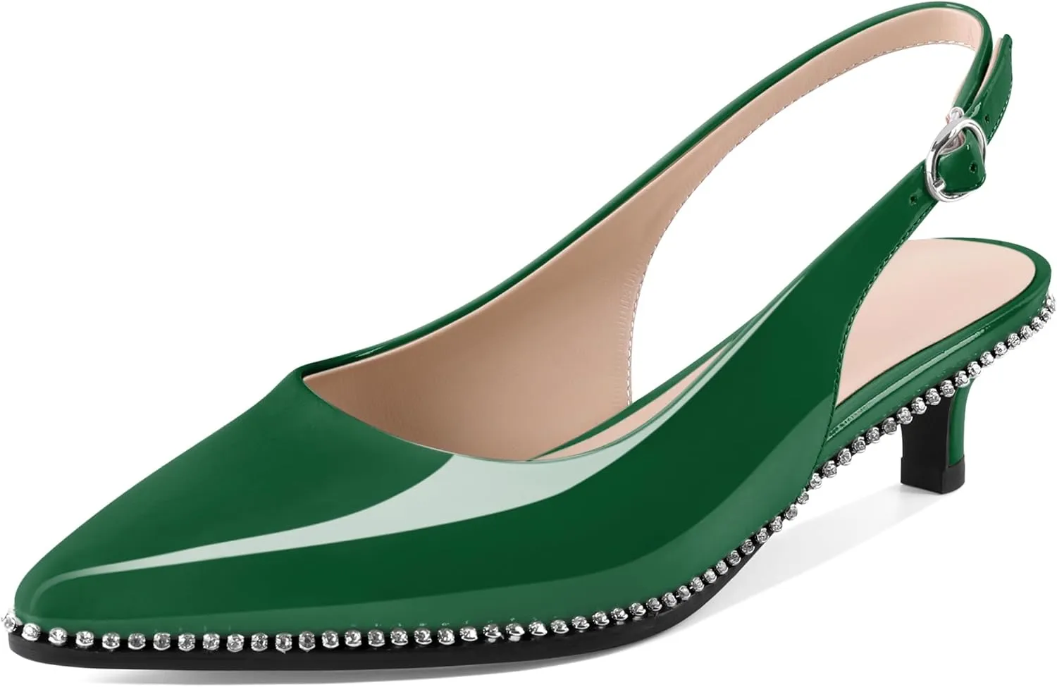 Slingback Low Heels Women Kitten Heel Rhinestones Beaded Pumps Closed Pointd Toe Shoes Slip On Event Party 1.5 Inch Dressy Sandals