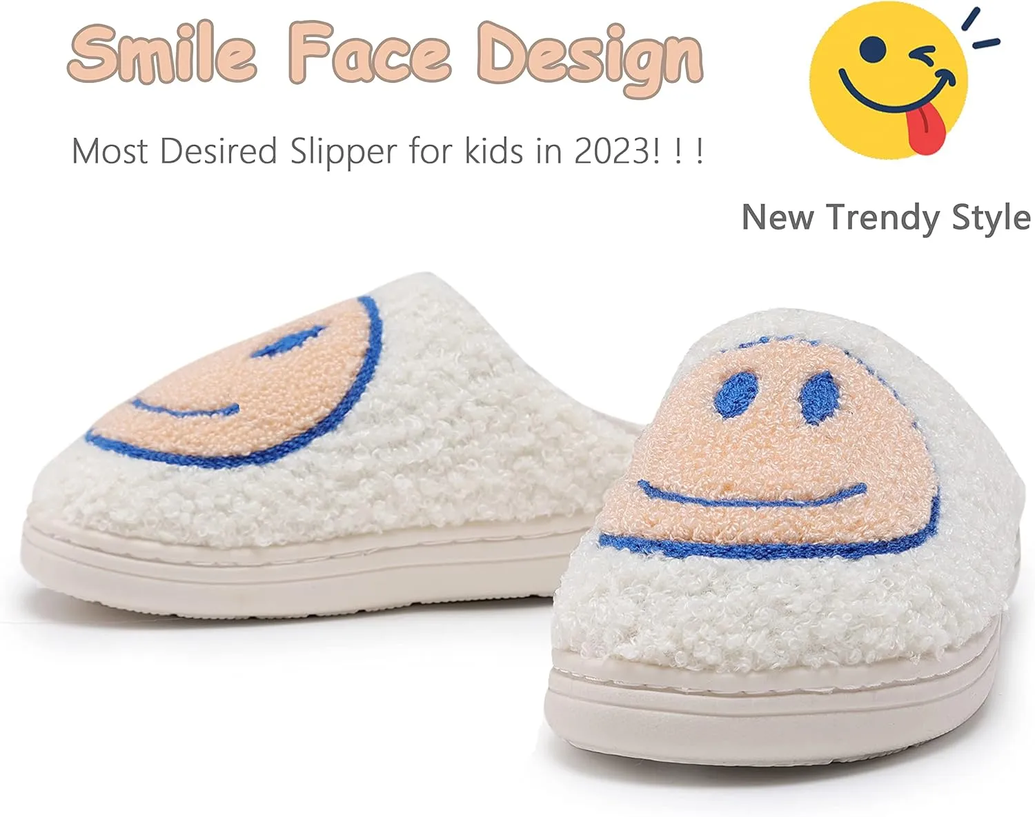 Smile Face Kids Happy Face Soft Plush Warm Slipper Anti-Slip Winter Fluffy House Shoes Soft Memory Foam Comfort Cotton Slippers Indoor and Outdoor