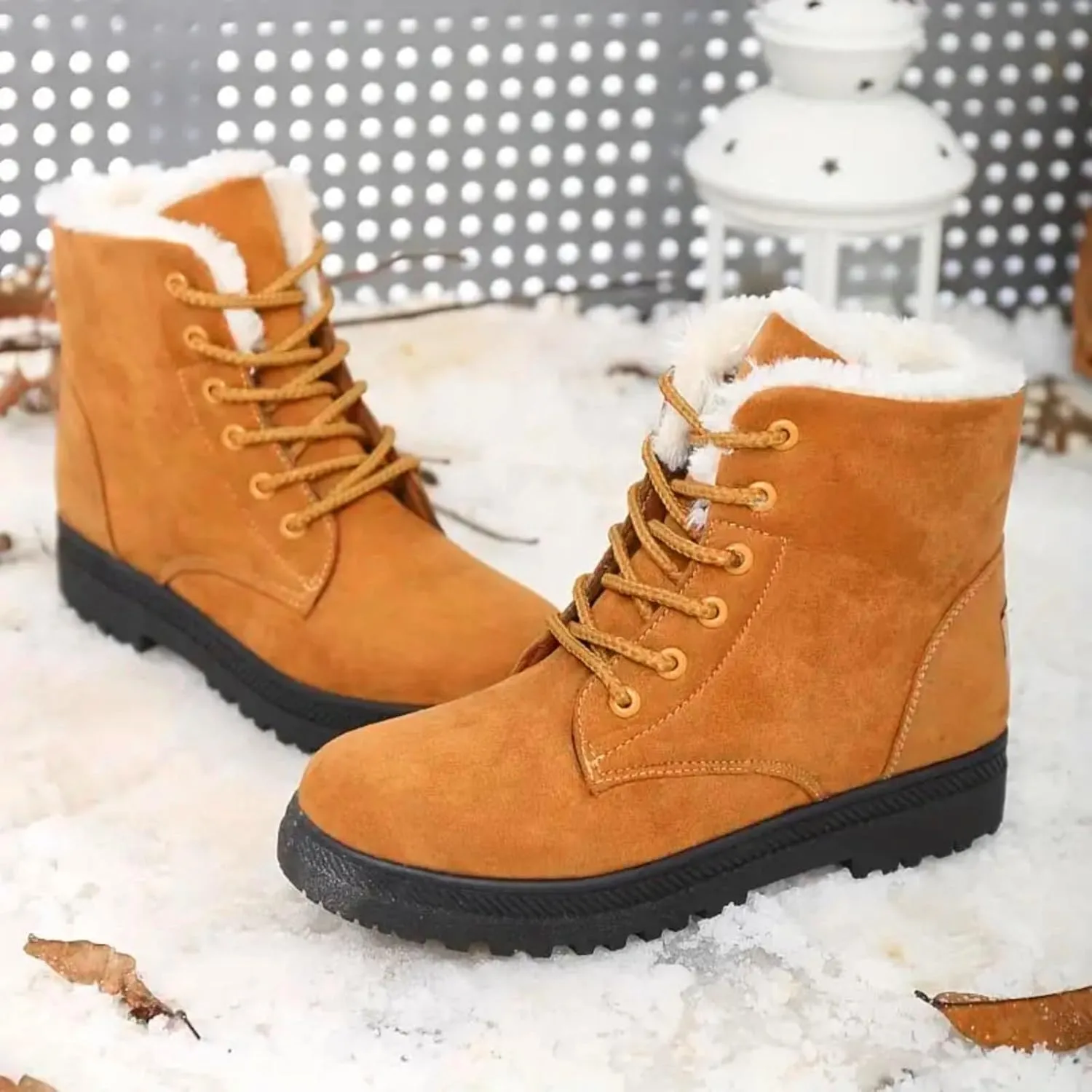 Snow Boots For Women Waterproof Platform Boots for Women Chunky Heel Warm Round Toe Lace Up Flat Short Snow Boots