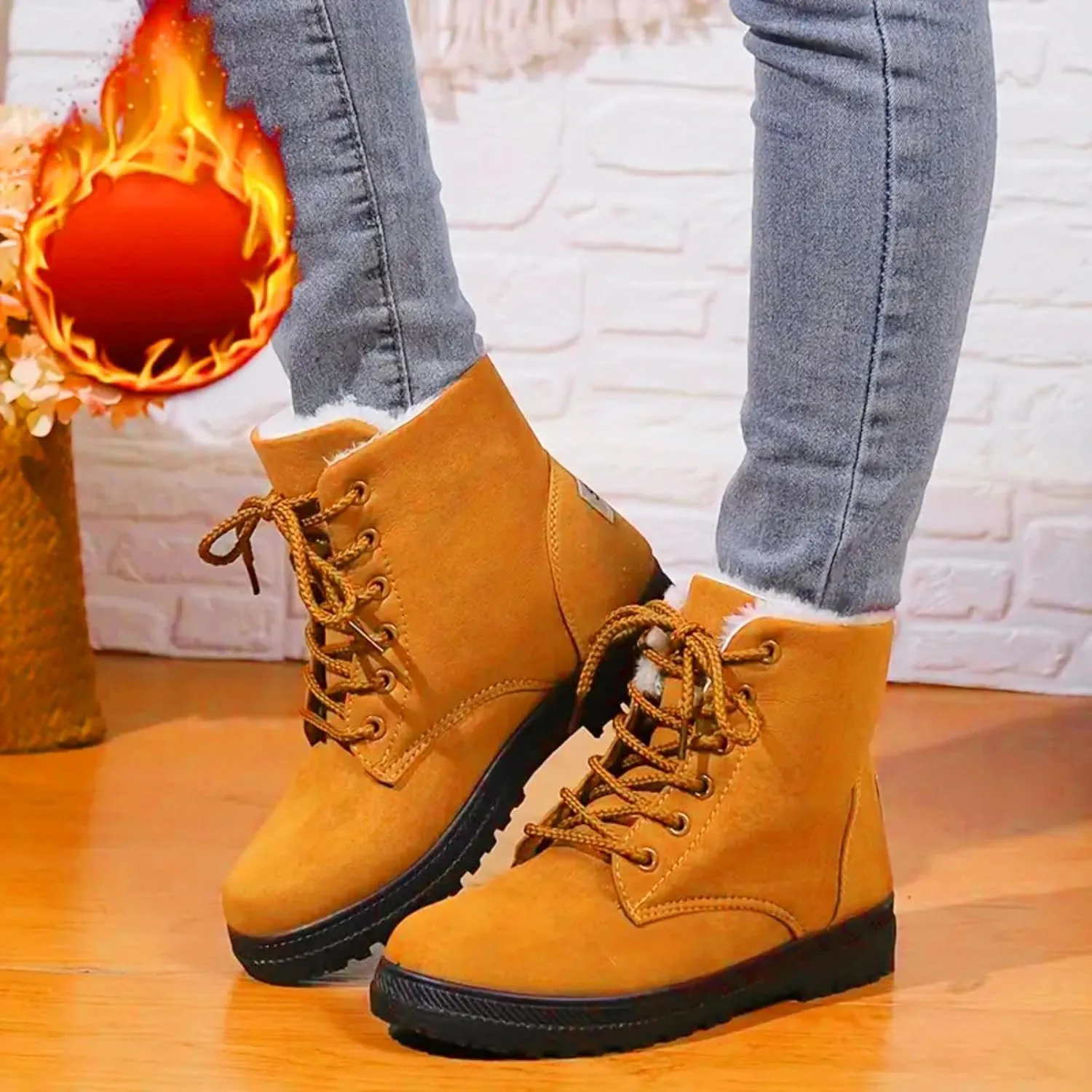 Snow Boots For Women Waterproof Platform Boots for Women Chunky Heel Warm Round Toe Lace Up Flat Short Snow Boots