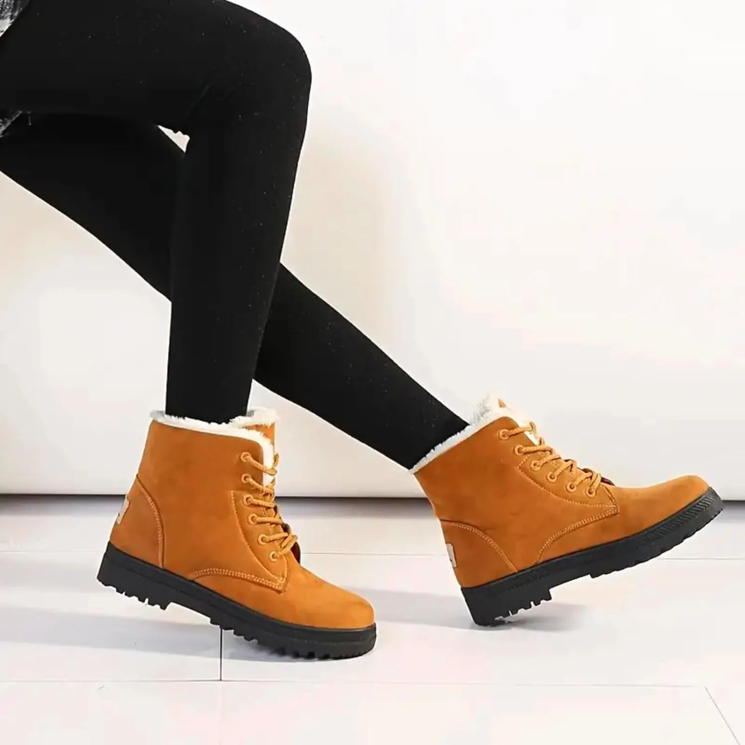 Snow Boots For Women Waterproof Platform Boots for Women Chunky Heel Warm Round Toe Lace Up Flat Short Snow Boots
