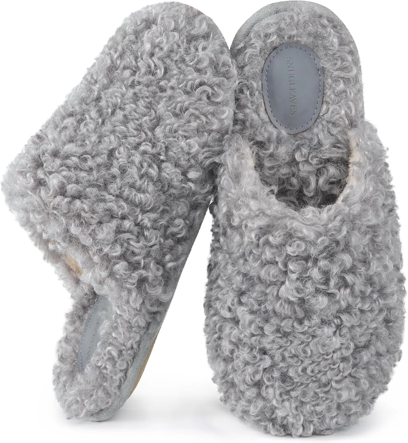 Snug Leaves Women's Scuff Slippers Furry Cute Curly Faux Wool Slip-on Indoor Memory Foam House Shoes