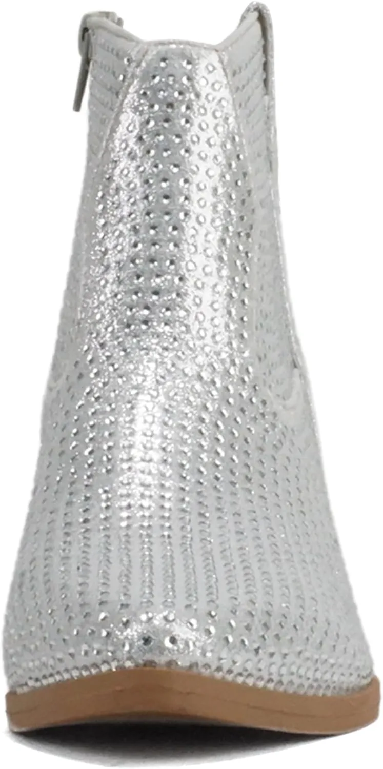 Soda “BREW” ~ Women Pointed Toe Low Heel Rhinestone Western Ankle Boot with Side Zipper