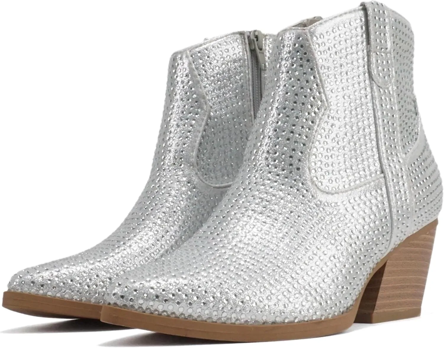 Soda “BREW” ~ Women Pointed Toe Low Heel Rhinestone Western Ankle Boot with Side Zipper