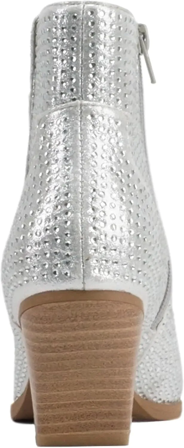 Soda “BREW” ~ Women Pointed Toe Low Heel Rhinestone Western Ankle Boot with Side Zipper