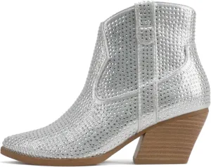 Soda “BREW” ~ Women Pointed Toe Low Heel Rhinestone Western Ankle Boot with Side Zipper