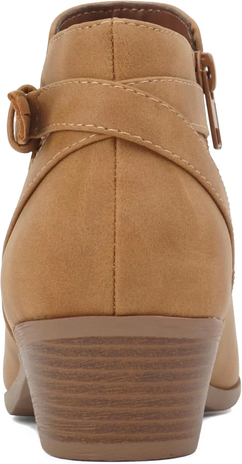 Soda CHOYA Women's Round Toe Faux Suede Stacked Heel Western Ankle Bootie