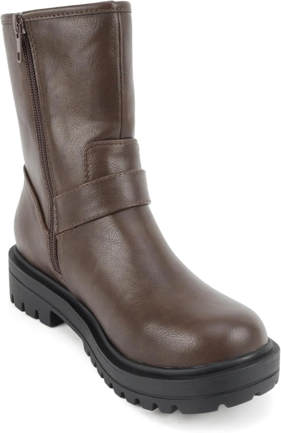 Soda “Kicker” ~ Women Moto Bootie Round Toe Buckle Straps Mid-Calf with Side Zipper