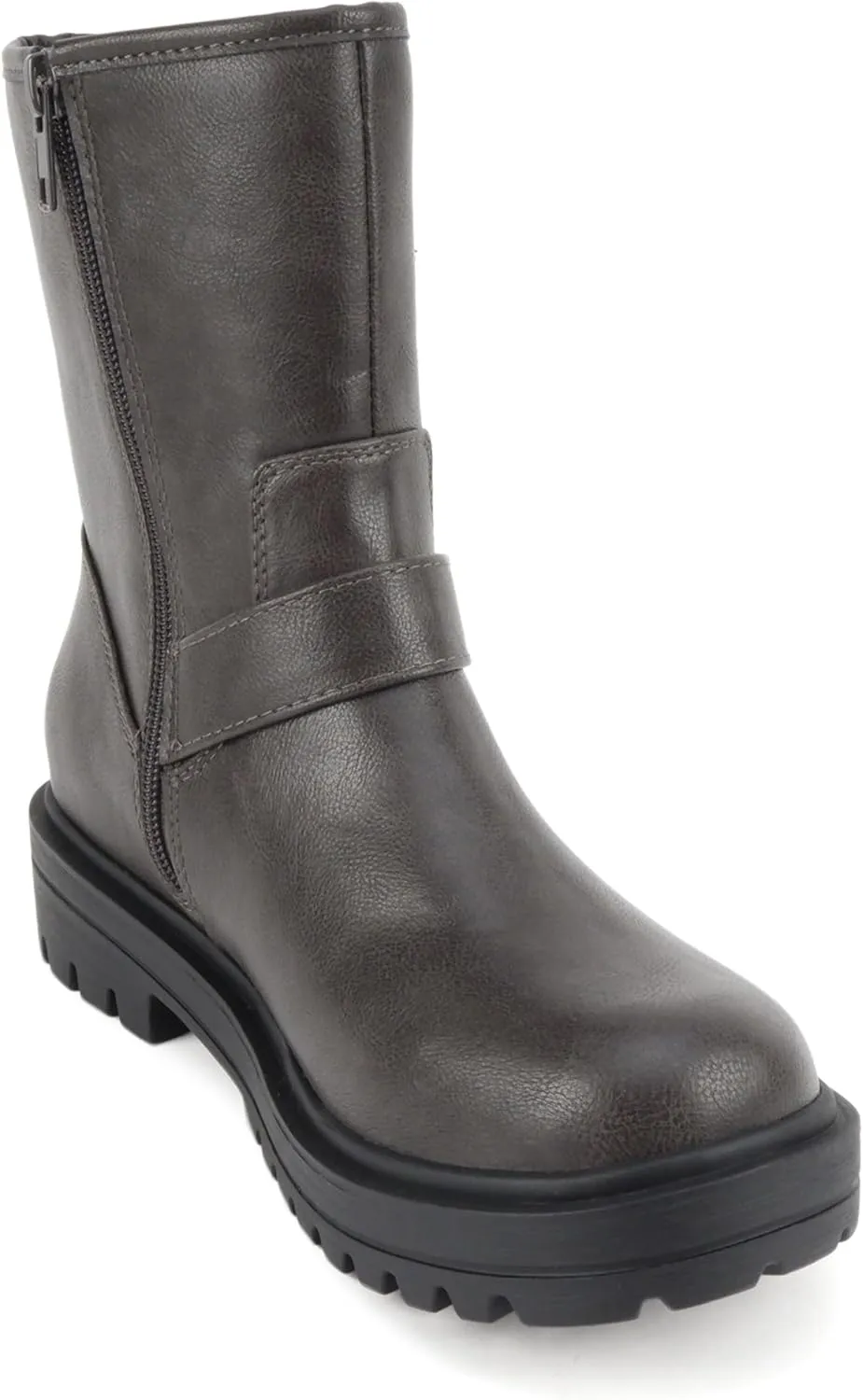 Soda “Kicker” ~ Women Moto Bootie Round Toe Buckle Straps Mid-Calf with Side Zipper