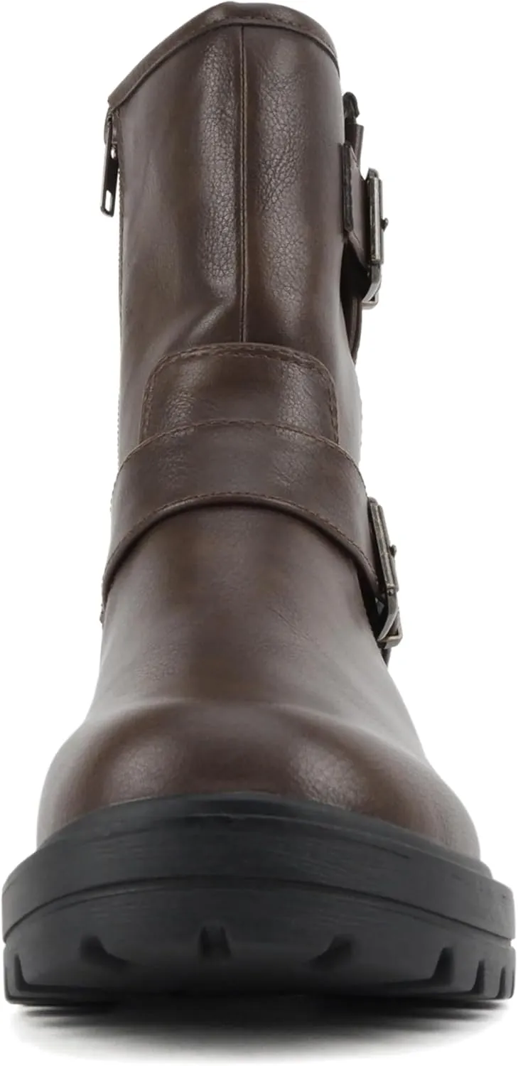 Soda “Kicker” ~ Women Moto Bootie Round Toe Buckle Straps Mid-Calf with Side Zipper